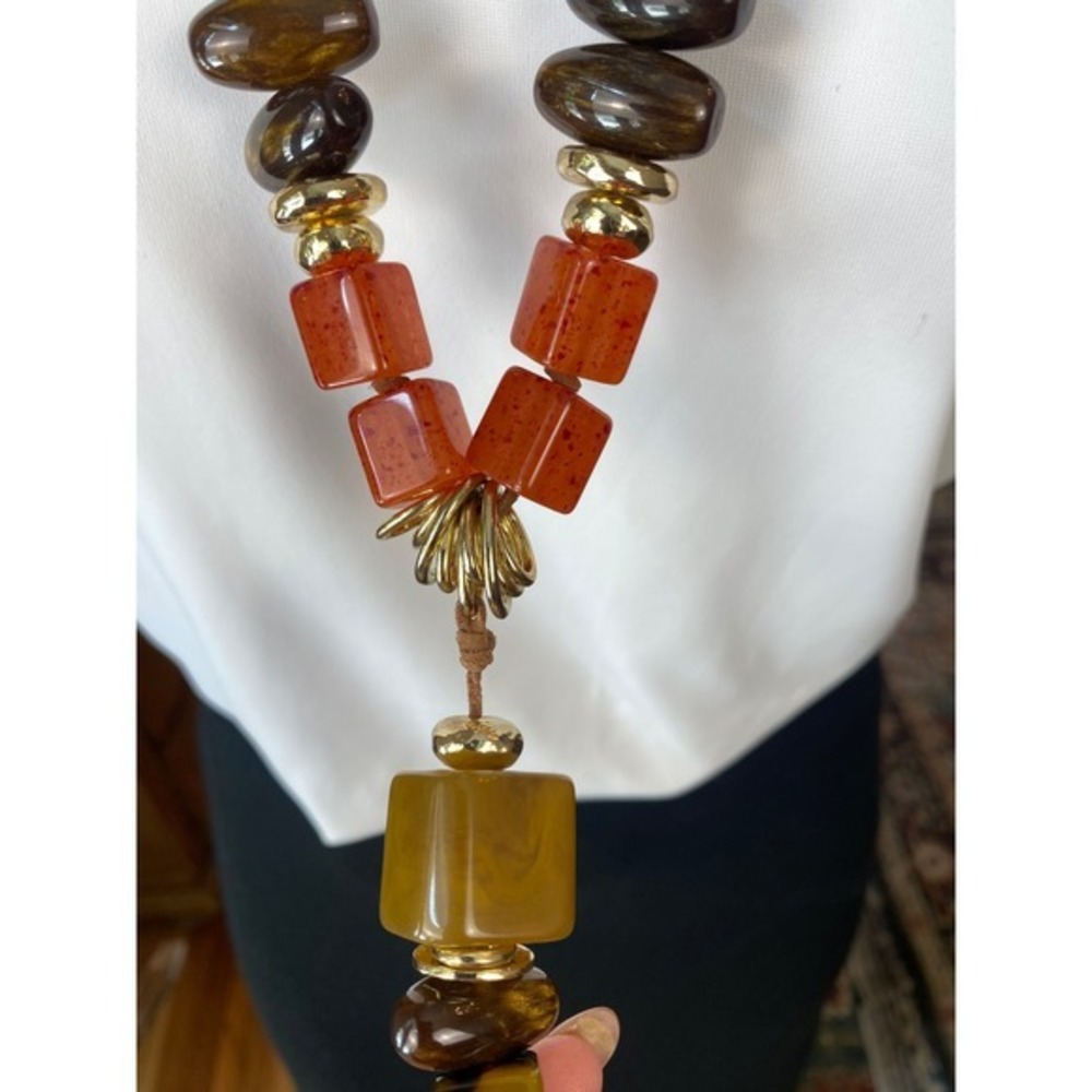 Chico's Long Amber Orange Resin Bead Necklace Gold Tone Faux Suede Cord - Picture 4 of 8